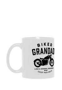 Taza de cerámica blanca con texto negro que dice "ABUELO MOTERO" sobre un gráfico de una motocicleta y la frase "COMO UN ABUELO NORMAL, PERO MUCHO MÁS CHIDO."