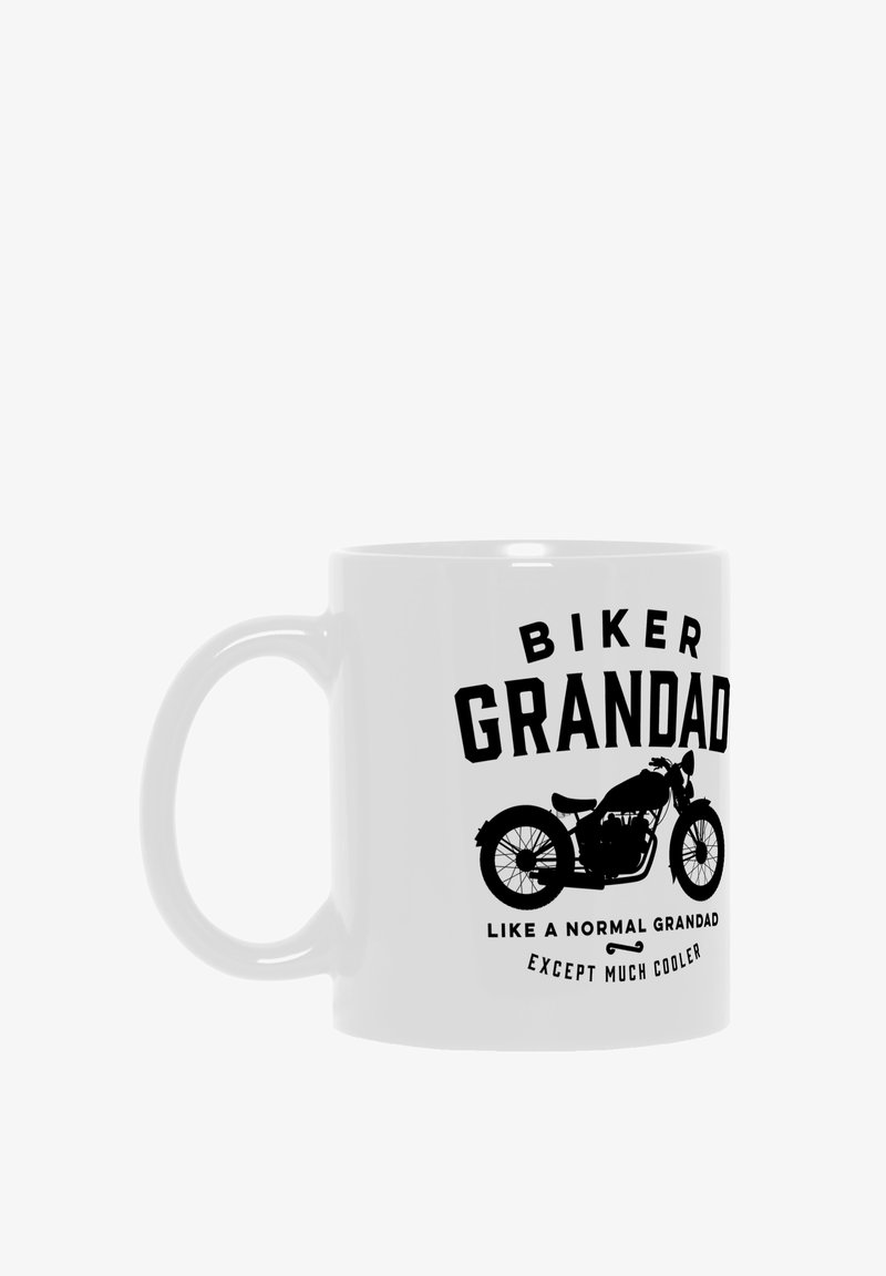 Taza de cerámica blanca con texto negro que dice "ABUELO MOTERO" sobre un gráfico de una motocicleta y la frase "COMO UN ABUELO NORMAL, PERO MUCHO MÁS CHIDO."