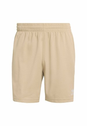 Béžové síťované šortky s elastickým pasem. Na spodní části levé nohy je bílý logo akcent. Lehká a texturovaná látka.