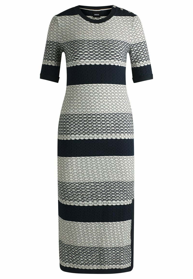 Strickkleid mit kurzen Ärmeln, das abwechselnd marineblaue und cremefarbene horizontale Streifen mit einem strukturierten Muster und rundem Ausschnitt zeigt.