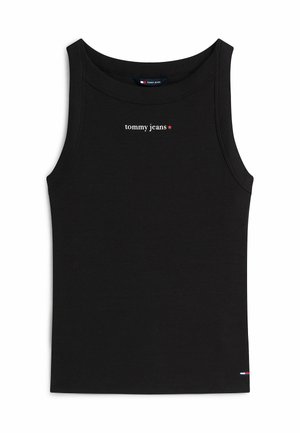 Camiseta sin mangas negra acanalada con "tommy jeans" y estrella roja estampadas en el pecho, pequeño logo de bandera cerca del dobladillo inferior.