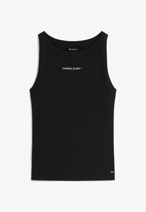 Camiseta sin mangas negra acanalada con "tommy jeans" y estrella roja estampadas en el pecho, pequeño logo de bandera cerca del dobladillo inferior.