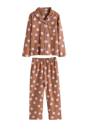 Braunes langärmliges Button-up-Pyjamaoberteil und passende Hose mit elastischem Bund, großen weißen Punkten und einer Brusttasche vorne.