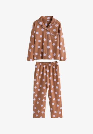 Brun langærmet pyjamasskjorte med knapper og matchende bukser med elastik i taljen, store hvide polkaprikkede og en brystlomme foran.