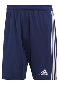 Shorts de sport bleu marine avec des bandes blanches sur les côtés et un logo Adidas blanc sur la jambe inférieure gauche, taille élastique et poches latérales.