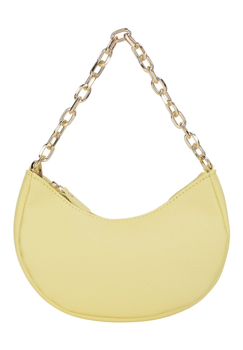 Gelbe Lederhandtasche in einer geschwungenen, halbmundförmigen Form. Verfügt über einen goldenen Kettenriemen und einen Reißverschluss. Glatte Textur mit minimaler Naht.