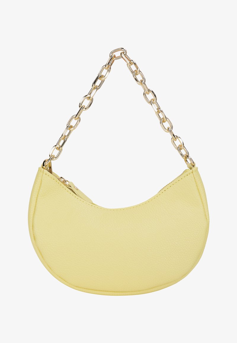 Żółta skórzana torebka o wygiętym, półksiężycowatym kształcie. Posiada złoty łańcuszek oraz zamek błyskawiczny. Gładka tekstura z minimalnym przeszyciem.