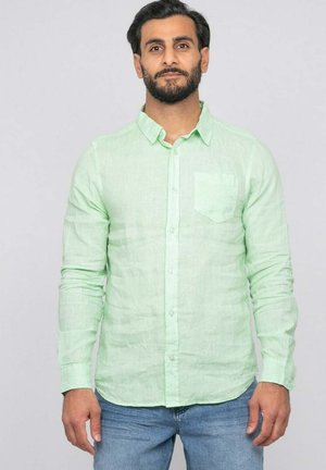 Homme avec une barbe portant une chemise vert clair à boutons et un jean bleu, debout devant un fond gris clair uni.