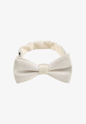 Elfenbeinfarbene Satinschleife mit dezentem Hahnentrittmuster und verstellbarem Band, entworfen für formelle Kleidung.