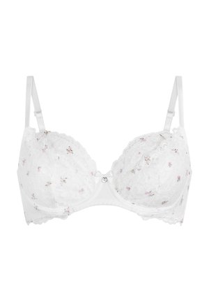 Reggiseno in pizzo bianco con piccoli motivi floreali rosa, spalline regolabili, ferretto di supporto e un piccolo fiocco decorativo con gioiello al centro.