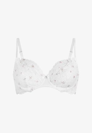 Weißer Spitzen-BH mit kleinen rosa Blumenmustern, verstellbaren Trägern, Bügelunterstützung und einer kleinen dekorativen Schleife mit einem Schmuckstein in der Mitte.