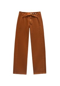 Brązowe, szerokie spodnie w stylu high-waist z zapięciem na dwa guziki i prostymi szwami. Wykonane z denimu o gładkiej fakturze.