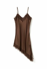 Pruun satiinist öösärk pitsääre servadega kaelusel ja äärel, reguleeritavate rihmade ning asümmeetrilise disainiga.