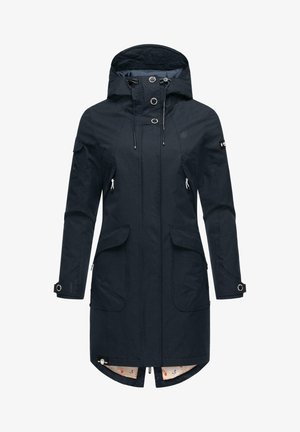 Marineblauwe waterdichte parka met een capuchon, rits- en drukknoopsluitingen, meerdere zakken, verstelbare koordjes en een gevoerde binnensluiting.