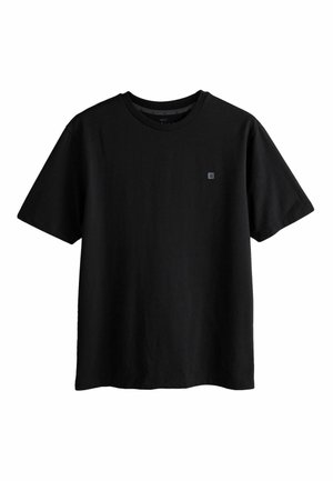 Schwarzes Kurzarm-T-Shirt aus Baumwolle mit rundem Hals und kleinem Logo auf der linken Brust. Einfaches, klares Design.