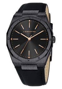 Zwarte octagonale horloge met roségouden accenten en markeringen. Beschikt over een zwarte wijzerplaat, leren band en een minimalistisch ontwerp.