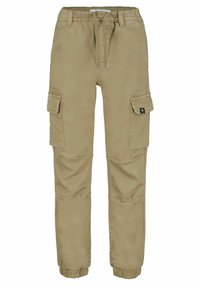 Beige Cargo-Hosen mit einem Kordelzugbund, elastischen Bündchen und zwei Seitentaschen, aus robustem Baumwollstoff gefertigt.