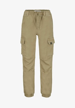 Beige Cargo-Hosen mit einem Kordelzugbund, elastischen Bündchen und zwei Seitentaschen, aus robustem Baumwollstoff gefertigt.