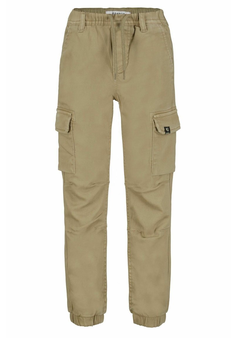 Beige Cargo-Hosen mit einem Kordelzugbund, elastischen Bündchen und zwei Seitentaschen, aus robustem Baumwollstoff gefertigt.