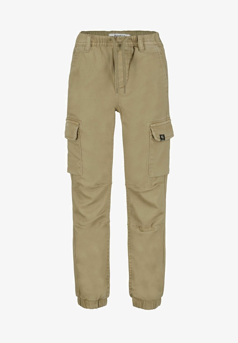 Beige Cargo-Hosen mit einem Kordelzugbund, elastischen Bündchen und zwei Seitentaschen, aus robustem Baumwollstoff gefertigt.
