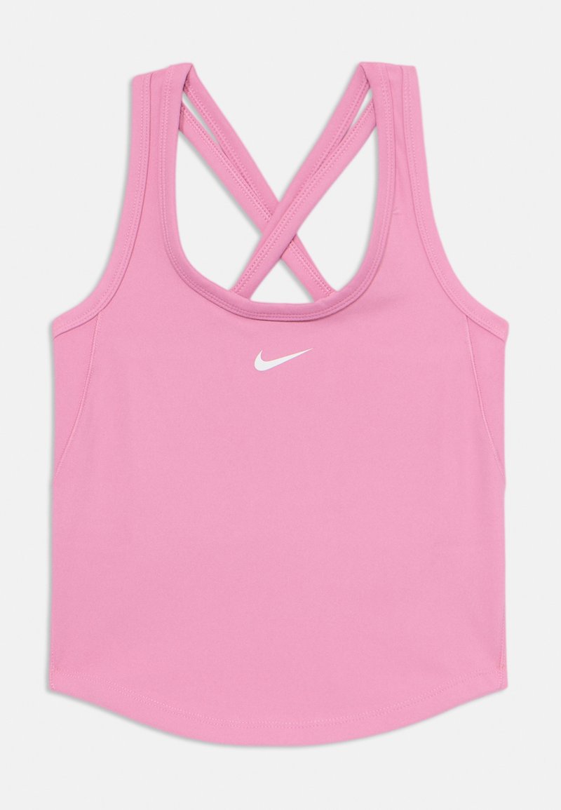 Rozā sporta topiņš ar mīkstu un elastīgu audumu. Ievērojamas krustveida plecu siksnas un mazs balts Nike logo priekšā.