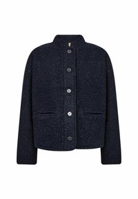 Jachetă texturată albastru închis, cu guler rotund, nasturi în față și două buzunare laterale. Confecționată dintr-un material moale, cu croială lejeră.