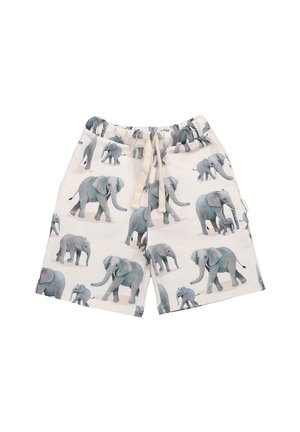 Kinder-Shorts aus leichtem Stoff, mit einem cremefarbenen Hintergrund und einem sich wiederholenden Muster von grau-blauen Elefanten. Elastischer Bund mit Kordelzug.
