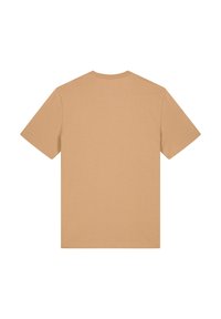 Korte mouw t-shirt in licht bruin stof, met een ronde hals, een ontspannen pasvorm en een zachte textuur zonder zichtbare logo's of patronen.
