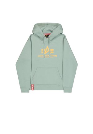 Mintgrüner Kapuzenpullover aus weichem Material. Verfügt über ein gelbes Logo und eine vordere Kängurutasche. Gerippte Bündchen und Saum sorgen für zusätzliche Details.