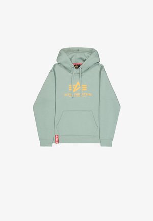 Mintgroene hoodiesweater van zacht materiaal. Voorzien van een gele logo en een voorzak. Ribgebreide manchetten en rand geven extra detail.