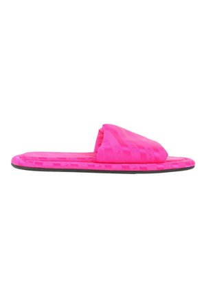 Lys pink slid-sandal med polstret rem og flad sål, vist i sideprofil på hvid baggrund.