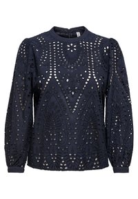 Námořnické modré tričko s dlouhými puff rukávy, zdobené spletitými výřezy a texturovanými vzory. Vysoký límec se zapínáním na zip na zadní straně.