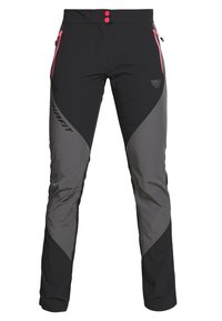 Black and gray outdoor pants featuring a two-button waist, two zipper pockets, and a logo on the left thigh; smooth, durable material.