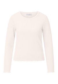 Top a maniche lunghe a costine bianco, con scollatura rotonda e orlo ondulato. Realizzato in tessuto morbido con una silhouette aderente.