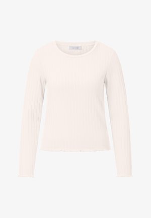 Top à manches longues côtelé en blanc, avec un col rond et un ourlet en dentelle. Fabriqué en tissu doux avec une silhouette ajustée.