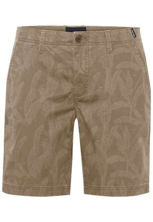 Bermudas de color marrón claro hechas de algodón, con un sutil patrón de hojas, cierre de botón y dos bolsillos frontales.