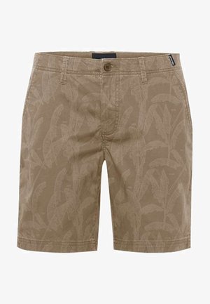 Bermudas de color marrón claro hechas de algodón, con un sutil patrón de hojas, cierre de botón y dos bolsillos frontales.