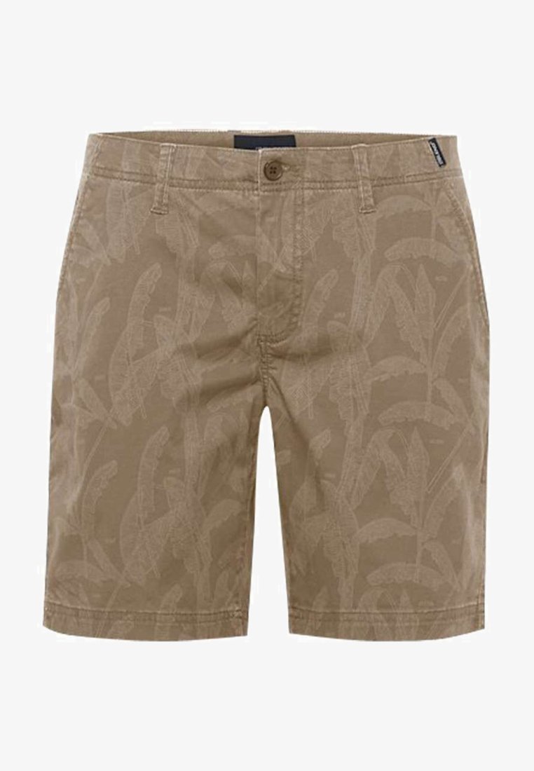 Bermudas de color marrón claro hechas de algodón, con un sutil patrón de hojas, cierre de botón y dos bolsillos frontales.