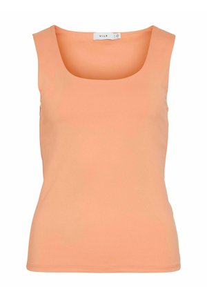 Peedi tooni tank top ruudukujulise dekolteega, valmistatud siledast kangast, varrukateta disainiga ning kehakujulise lõikega.