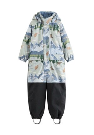 Tuta impermeabile per bambini con stampa natura con montagne, alberi, animali, cappuccio, polsini elastici e gambali rinforzati neri.
