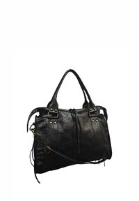 Sac à main en cuir noir avec une finition texturée, poignées supérieures doubles, bandoulière réglable, quincaillerie dorée et détail de franges décoratives.