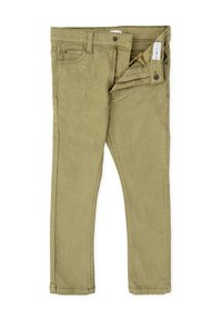 Pantalones de mezcla de algodón verde oliva con cremallera, cierre de botón y diseño de cinco bolsillos. Presentan una textura suave y un corte recto.