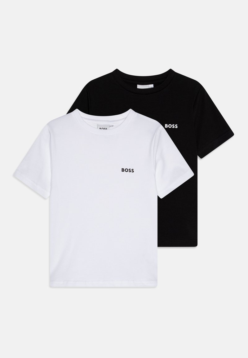 Two short-sleeve T-shirts, one white and one black, made of cotton. Each features a small "BOSS" logo on the chest in contrasting colors.