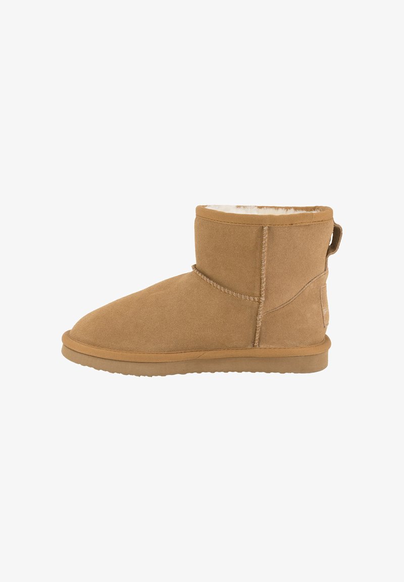 Stivaletto alla caviglia in suede color tan con fodera in pelliccia sintetica, suola in gomma piatta e linguetta sul retro. Dettagli di cucitura a contrasto lungo le cuciture.