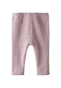 Leggings en tissu texturé rose clair avec des côtes, dotés d'un ourlet festonné et d'une taille élastique pour le confort.