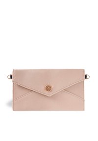 Light pink envelope-style clutch with a decorative metal button, featuring a flap closure and two side rings for a shoulder strap.