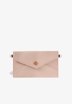 Light pink envelope-style clutch with a decorative metal button, featuring a flap closure and two side rings for a shoulder strap.