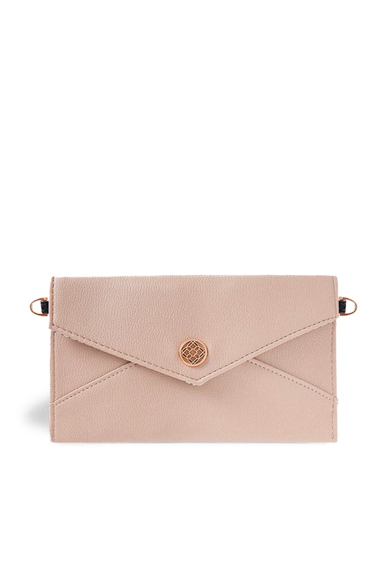 Light pink envelope-style clutch with a decorative metal button, featuring a flap closure and two side rings for a shoulder strap.