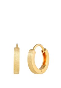 Guldøreringe med en tekstureret overflade, der har et geometrisk design og en poleret inderside. Cirkelformet, sikker lukning.