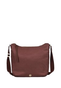 Borsa a tracolla sintetica marrone con superficie testurizzata, hardware dorato e chiusura con zip. Tracolla regolabile e tirazip decorativo.